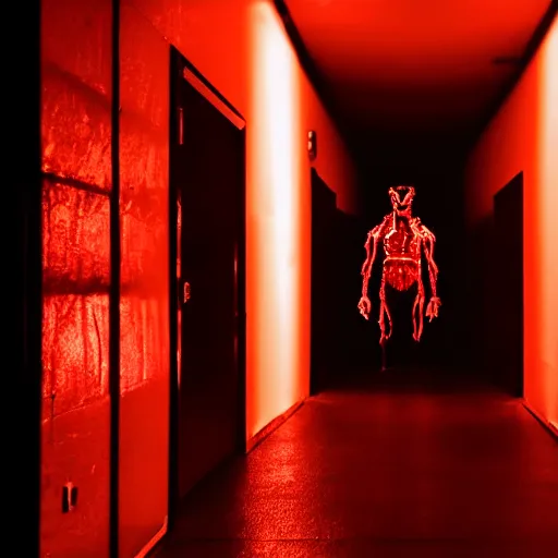 Image similar to photograph of an extremely dark narrow hallway with glowing humanoid monster made out of tv static, dark deep black shadows, red and black color contrast in the style of trevor henderson