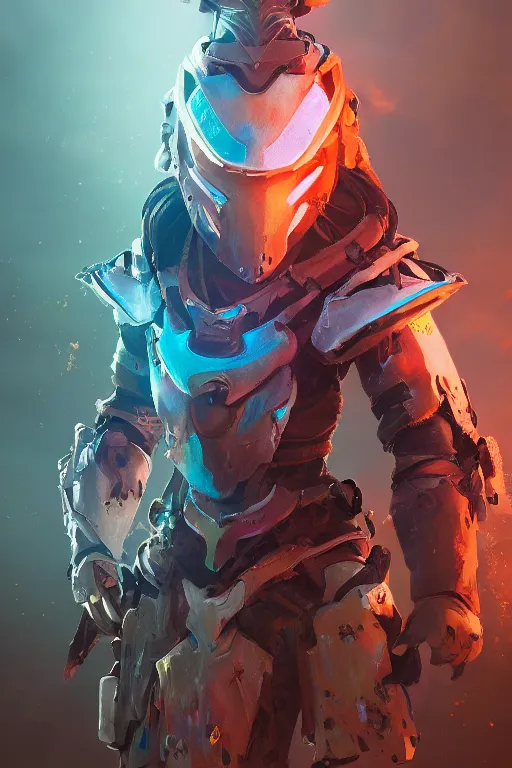 Image similar to combination suit armor aloy horizon forbidden west horizon zero dawn radiating a glowing aura global illumination ray tracing hdr fanart arstation by ian pesty and alena aenami artworks in 4 k tribal robot ninja mask helmet backpack