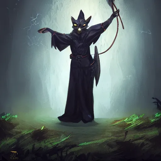 Prompt: the fox magician cast a thunder spell with his staff, artstation