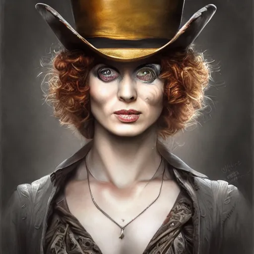 Image similar to The Madhatter, digital painting, lots of details, extremely detailed, 4k, intricate, brush strokes, Mark Arian, Artgerm, Bastien Lecouffe-Deharme