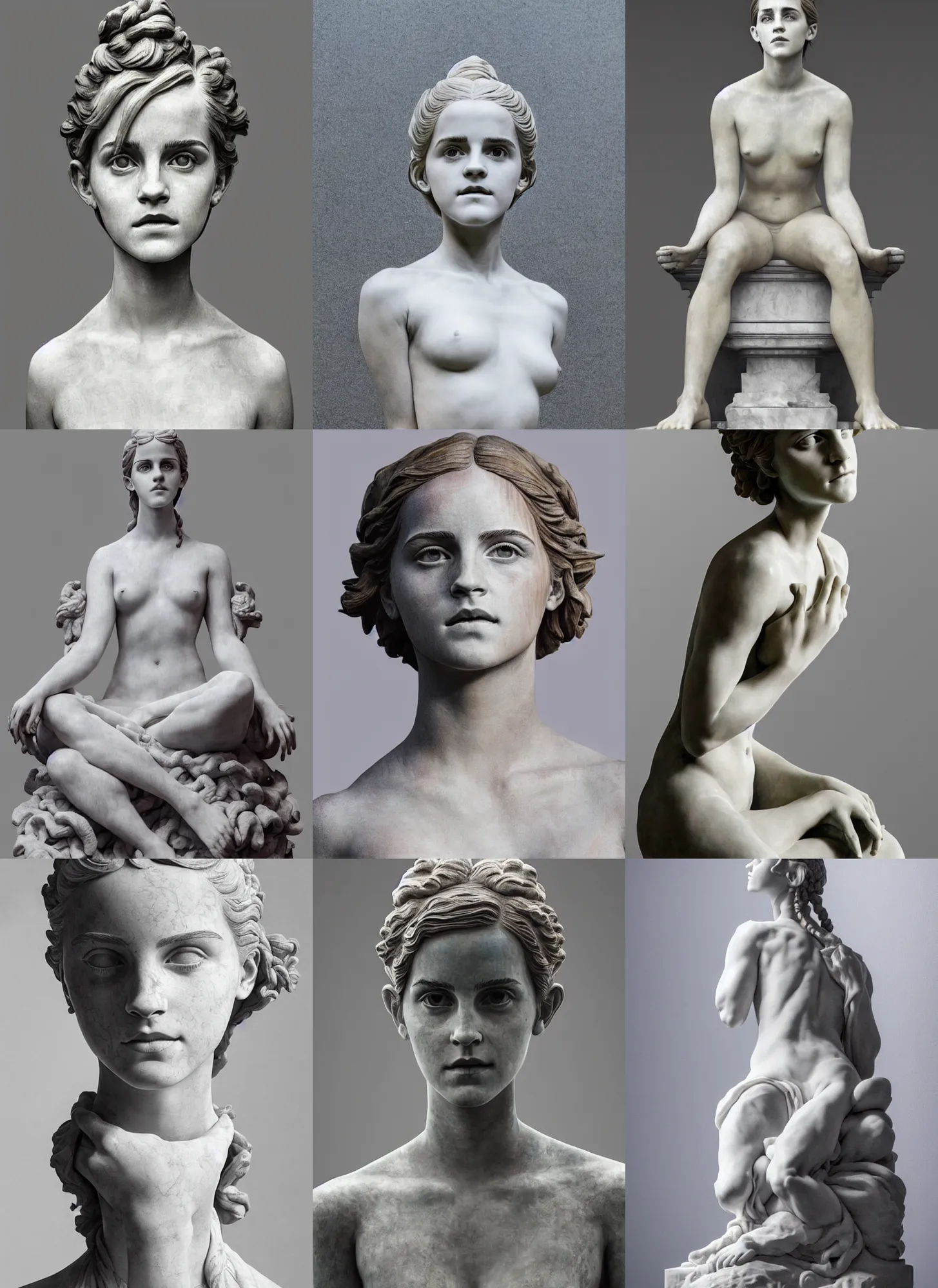 Prompt: sculpture statue of Emma Watson by Jean-Baptiste Carpeaux and Luo Li Rong and Michael James Talbot, all body, sitting meditation pose, perfect symmetrical face, psychedelic, bodypaint, colored, white marble, in full growth, elegant, realistic, 8K, female full-skin figure, hyperrealism, subsurface scattering, raytracing, rim light, Octane Render, Redshift, Zbrush