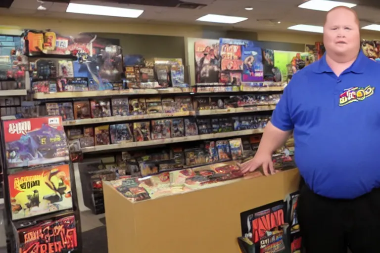 Prompt: bobby hill from king of the hill working behind the counter of a game stop, movie still, from the new clerks movie, 8 k, hd