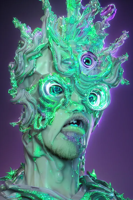 Prompt: hyper detailed ultra sharp photo of rococo and bladerunner neon crystalline ceramic sculpture of seductive muscular prince xavier serrano dotado albino green iridescent humanoid deity wearing violet hooded metallic tuxedo holding an glass skull in a onyx dungeon, reclining, glowing magenta face, crown of white diamonds, cinematic lighting, photorealistic, octane render 8 k depth of field 3 d