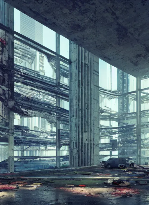 Image similar to “derelict architecture single building , cyberpunk setting, building designed by architect Oscar Niemeyer, architecture digest, building surrounded in a luxury environment, bright tones, fluorescent lighting,volumetric Lighting, photorealism, high detail, golden ratio, cinematic, octane renderer”