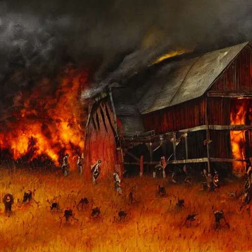 Image similar to burning barn with zombies 4k oil painting