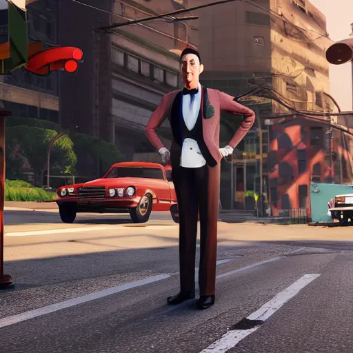 Prompt: pee wee herman in grand theft auto hyperrealistic, concept art, octane render, unreal engine 5, highly detailed, high quality, 8 k, soft lighting, realistic face, path traced