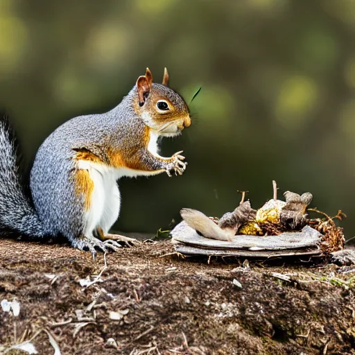 Prompt: nature photography of a squirrel eating a dead bird on the side of the road