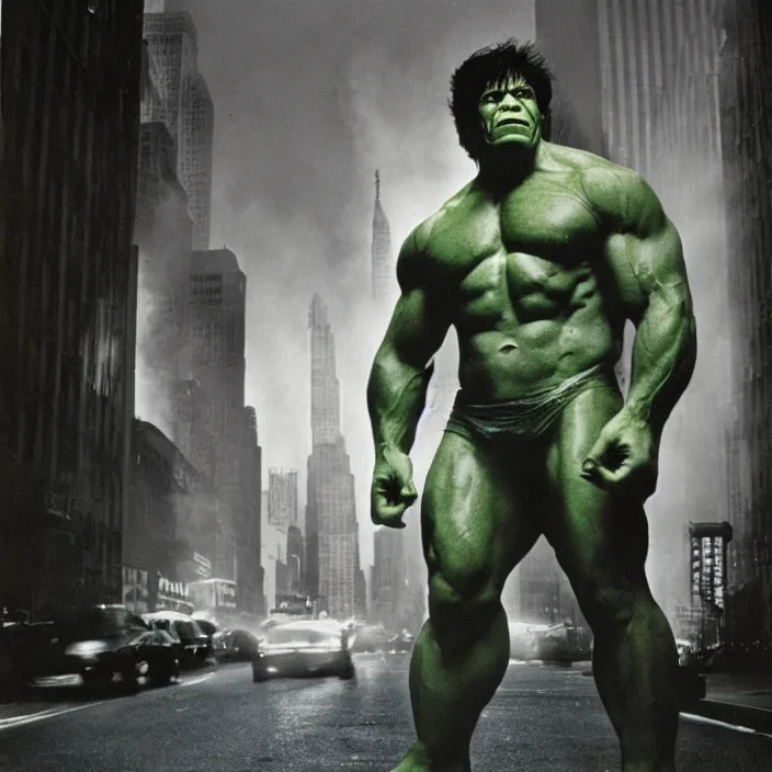 Image similar to a color photo portrait of the incredible hulk looking angry in new york city by richard avedon dramatic lighting.