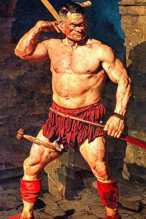 Prompt: popeye as a gladiator in ancient rome, masterpiece, dramatic light and shadow, saturated colors, ciaroscuro. painted by norman rockwell