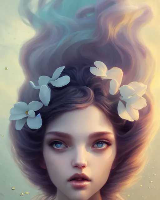 Image similar to character art of a goddess of magnolias as windy dusty underwater angelic young female | | seductive - fine - face, pretty face, key visual, realistic shaded perfect face, fine details by artgerm, wlop, tom bagshaw, james jean, andrei riabovitchev, marc simonetti, trending on artstation