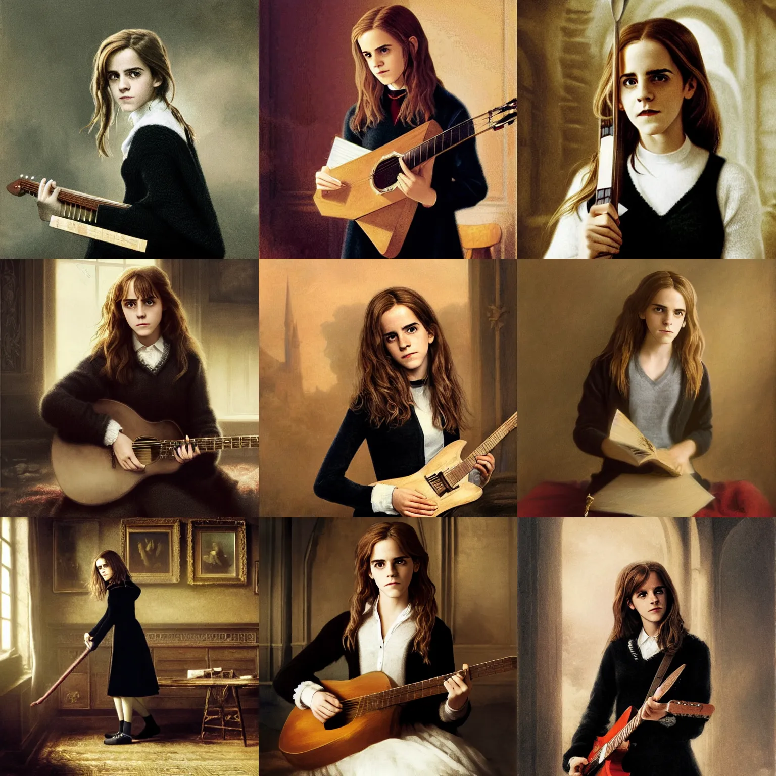 Prompt: Hermione Granger/Emma Watson wearing a black sweater, playing a guitar, in the Gryffindor common room, portrait photo by Ivan Aivazovsky