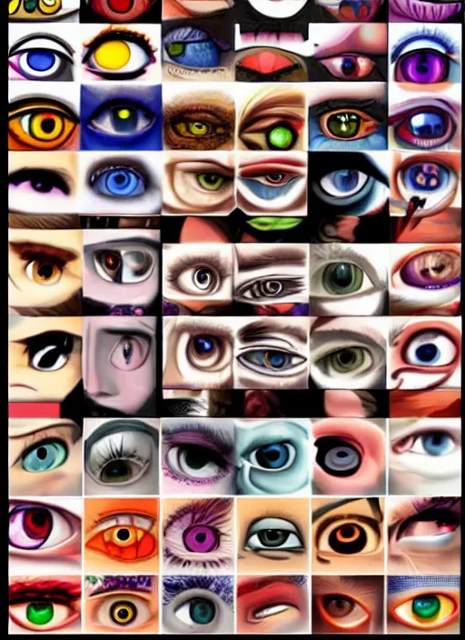 Image similar to diverse eyes!, dot pupils, advanced art, art styles mix, from wikipedia, grid of styles, various eye shapes