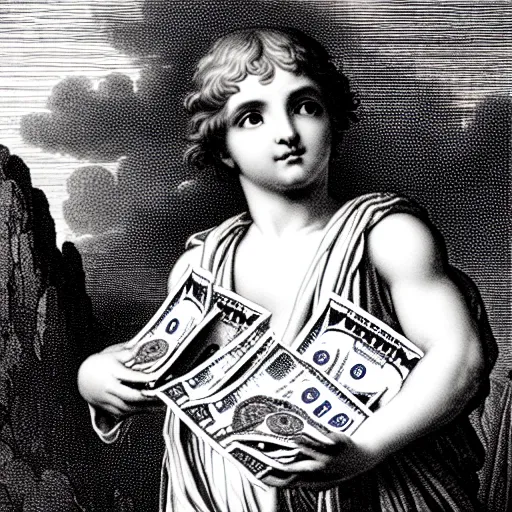 Prompt: lil baby holding stacks of cash, biblical image, style of gustave dore, highly detailed, beautiful, high contrast, black and white