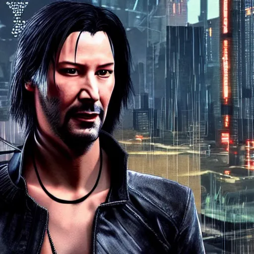 Prompt: art of Keanu Reaves as neo from matrix film in the cyberpunk 2077 game