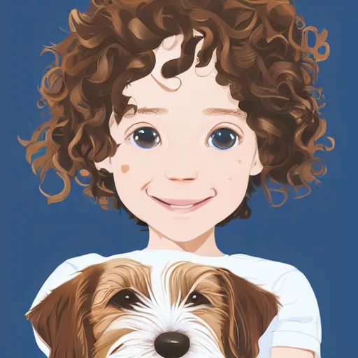 Prompt: happy little girl with short wavy curly light brown hair with a wire haired jack russell terrier puppy, white with brown patches over both eyes. detailed. blue background. clean cel shaded vector art by lois van baarle, artgerm, helen huang, by makoto shinkai and ilya kuvshinov, rossdraws, illustration, art by ilya kuvshinov