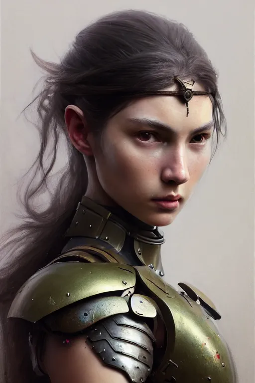 Image similar to a photorealistic painting of an attractive young girl, partially clothed in battle armor, olive skin, long dark hair, beautiful bone structure, symmetrical face, perfect eyes, intricate, elegant, digital painting, concept art, illustration, sharp focus, minimal artifacts, from Metal Gear, in the style of Ruan Jia and Mandy Jurgens, by Greg Rutkowski, trending on Artstation, award winning