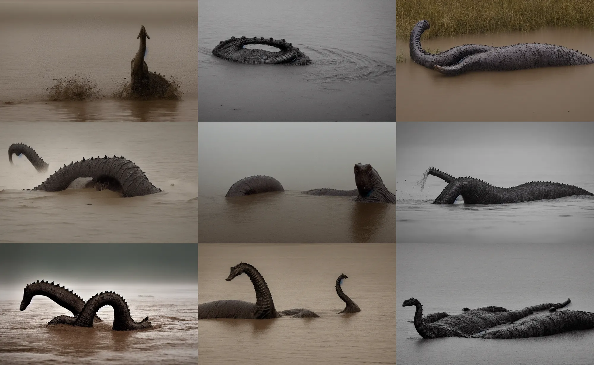 Prompt: nature photography of the loch ness monster in flood waters, african savannah, rainfall, muddy embankment, fog, digital photograph, award winning, 5 0 mm, telephoto lens, national geographic, large eyes