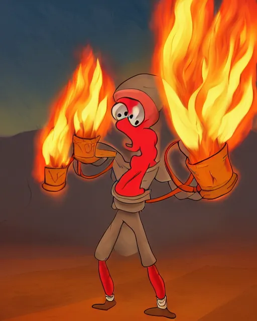 Image similar to squidward tentacles wearing fire nation clothing and practicing firebending outside at susnset [ [ photorealistic ] ]