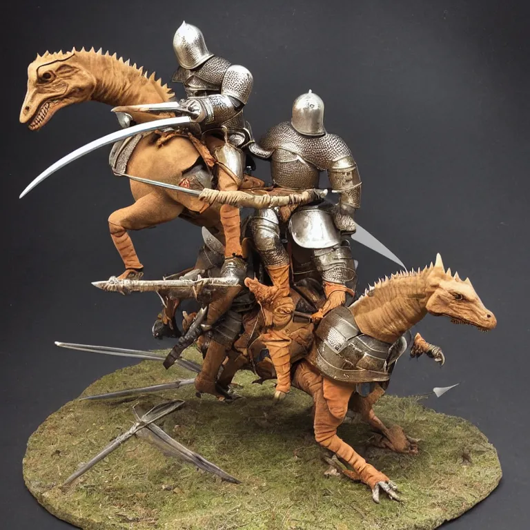 Image similar to diorama of a medieval knight riding a dinosaur, swords drawn to attack, highly detailed, award winning mini painting, studio lighting