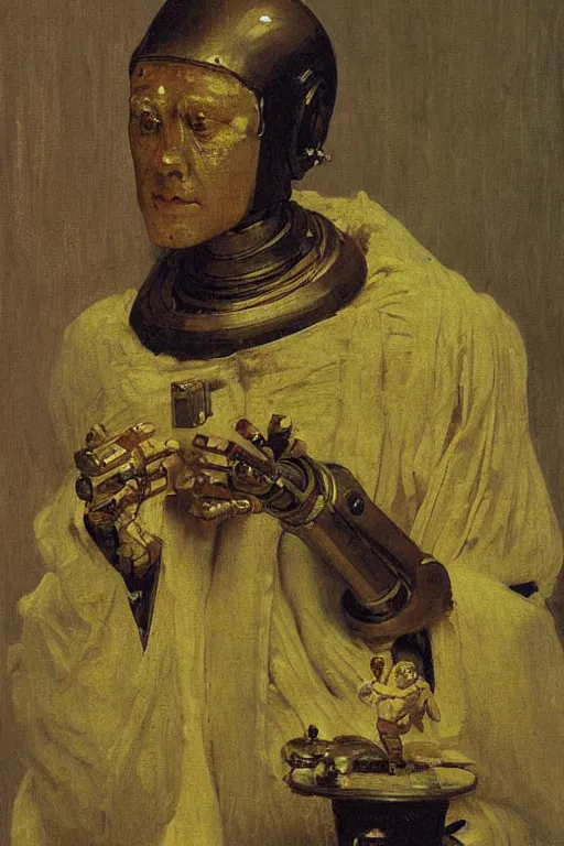 Image similar to robot monk painting a self - portrait on a canvas. intricate, highly detailed, photorealistic, film still, by ilya repin.