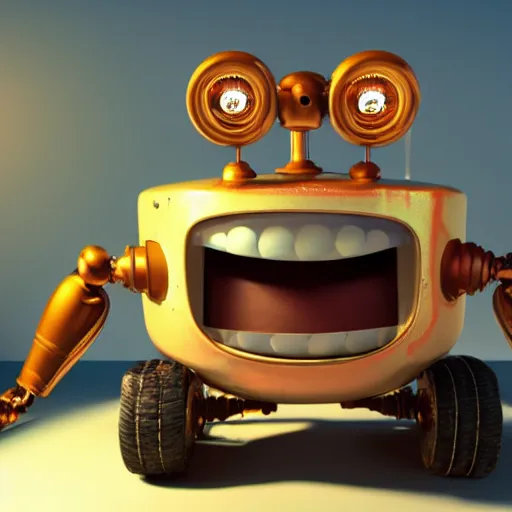 Prompt: figure of rusty bot on 3 wheels, smiling, lightbulbs as eyes, 3 d realistic, pixar esthetics, light tracing, 8 k