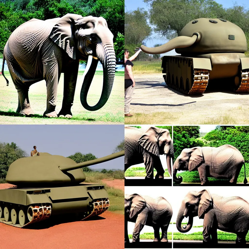 Prompt: tank body turns into elephant body with elephant head