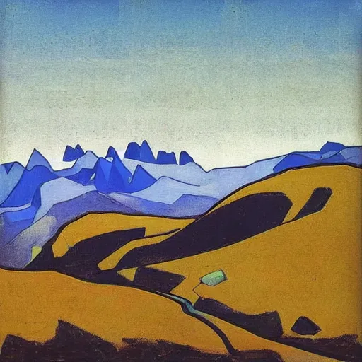 Prompt: “ picturesque landscape of mountains ’ top and deep blue sky, quaint colors, art by nicholas roerich, art nouveau, high - res, detailed, 8 k ”