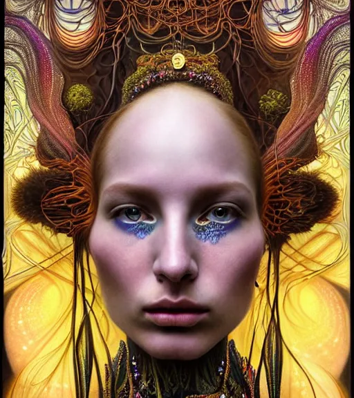 Prompt: detailed realistic beautiful young groovypunk queen of andromedaz galaxy in full regal attire. face portrait. art nouveau, symbolist, visionary, baroque, giant fractal details. horizontal symmetry by zdzisław beksinski, iris van herpen, raymond swanland and alphonse mucha. highly detailed, hyper - real, beautiful