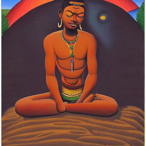 Image similar to contented peaceful congolese!!! bodhisattva, praying meditating, in a scenic environment, detailed, portrait by ernie barnes and gerard sekoto