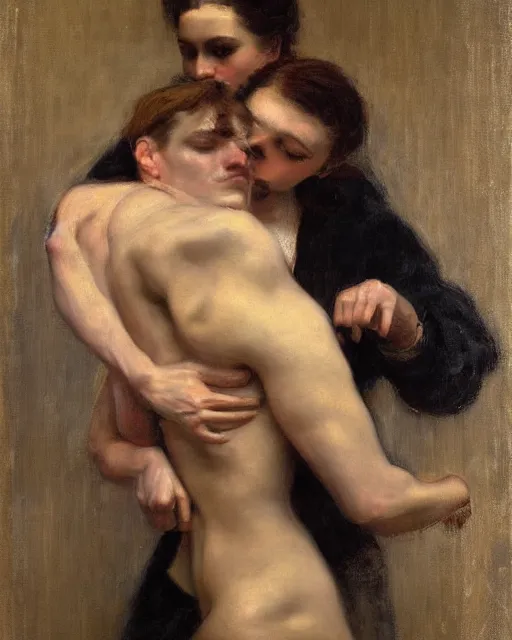 Image similar to a painting of a man holding a woman in his arms by vlaho bukovac, trending on deviantart, transgressive art, flemish baroque, furaffinity, renaissance painting