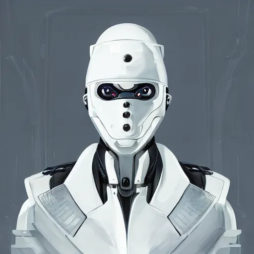 Image similar to portrait of a character with many robotic eyes, wearing sleek clothes, wearing a flowing white tailcoat, wearing a futuristic insectoid armored white mask with five circular lenses for eyes, the mask covers his entire face, many eyes, dramatic lighting, illustration by Greg rutkowski, yoji shinkawa, 4k, digital art, concept art, trending on artstation