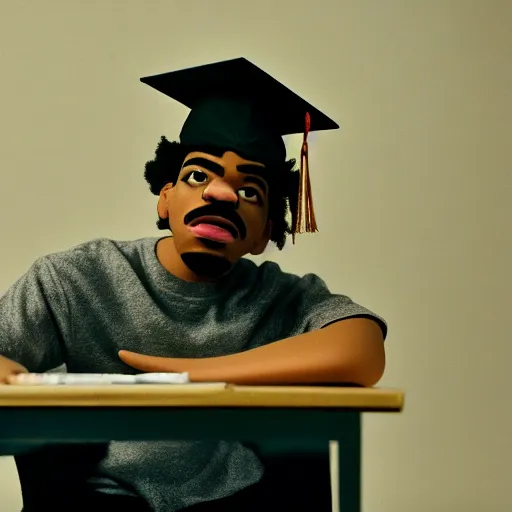 Image similar to a cinematic film still of a claymation stop motion film starring chance the rapper as a college student, shallow depth of field, 8 0 mm, f 1. 8