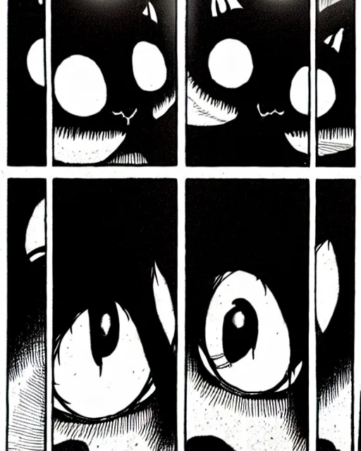 Image similar to three panels from junji ito's 'house in the style of a black cat', full width, action shot, first person, manga