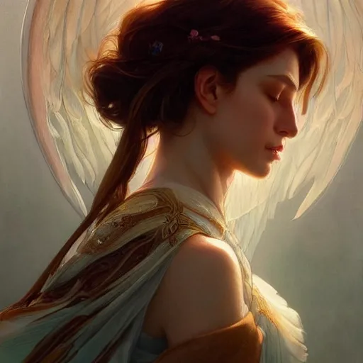 Image similar to portrait of a beautiful angel, fantasy, highly detailed, digital painting, artstation, concept art, smooth, sharp focus, illustration, art by artgerm and greg rutkowski and alphonse mucha