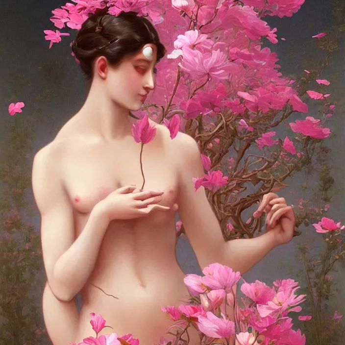 Image similar to a wonderful goddess with the body made of pink petals, intricate, elegant, highly detailed, wonderful eyes, sweet, digital painting, artstation, concept art, smooth, sharp focus, illustration, art by artgerm and greg rutkowski and alphonse mucha and william - adolphe bouguereau