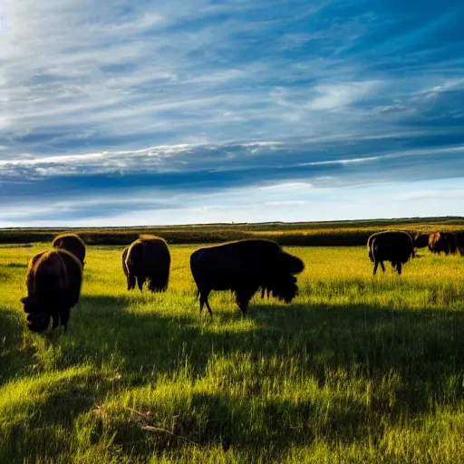 Prompt: a clean glass sci - fi containment building with a herd of bison in the distance in a grassy valley with a river, national geographic, hyper realistic, 4 k, harsh light, majestic, wide shot, a sense of hope