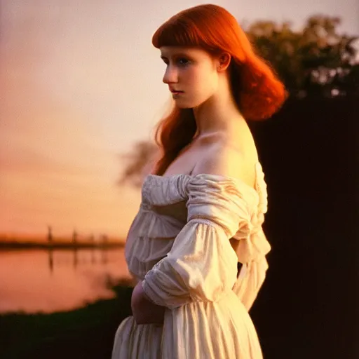 Prompt: photographic portrait of a stunningly beautiful english renaissance female in soft dreamy light at sunset, beside the river, soft focus, contemporary fashion shoot, hasselblad nikon, by edward robert hughes annie leibovitz