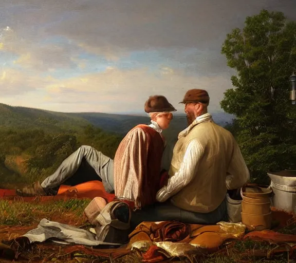 Image similar to landscape portrait of a couple sitting on a roof, looking over west virginia, smoking cigarettes, by william sidney mount, trending on artstation