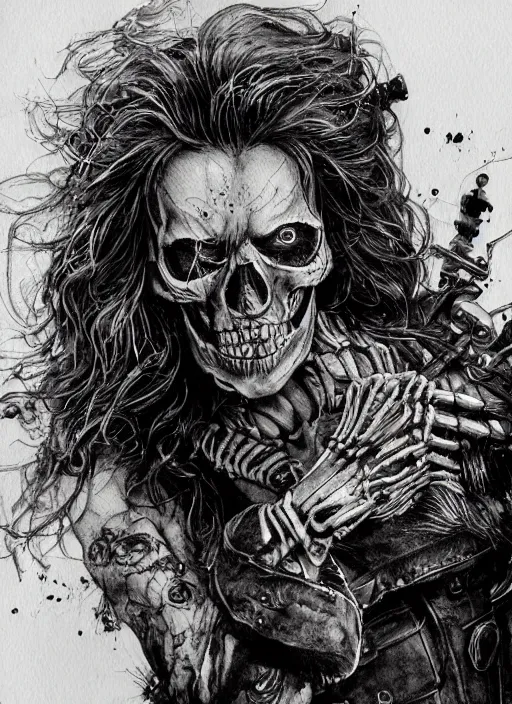 Image similar to portrait, Long haired biker skeleton in a wheelchair, has tattoos, watercolor, dramatic lighting, cinematic, establishing shot, extremely high detail, foto realistic, cinematic lighting, pen and ink, intricate line drawings, by Yoshitaka Amano, Ruan Jia, Kentaro Miura, Artgerm, post processed, concept art, artstation, matte painting, style by eddie mendoza, raphael lacoste, alex ross