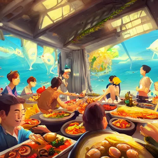 Image similar to artwork of a food feast, by rossdraws, matte painting, trending on artstation, gopro pov