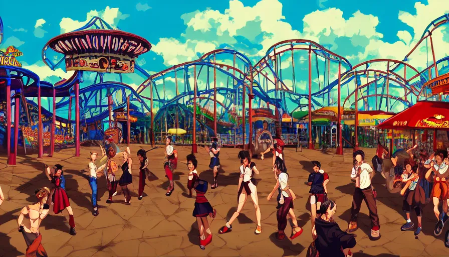 Image similar to concept art from a amusement park on a old civilization as a scenario background of kof snk 2 0 0 0 by jama jurabaev, cel shaded, cinematic shot, trending on artstation, high quality, brush stroke, amusement park on a old civilization