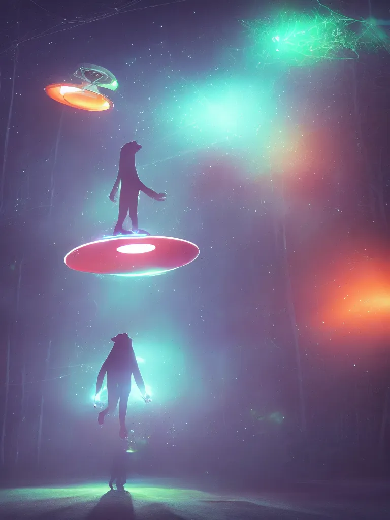 Image similar to its midnight and Bigfoot is engulfed in light while being abducted by a flying saucer with multi-colored lights, cinematic, hyper realism, high detail, bright lights, octane render, 8k