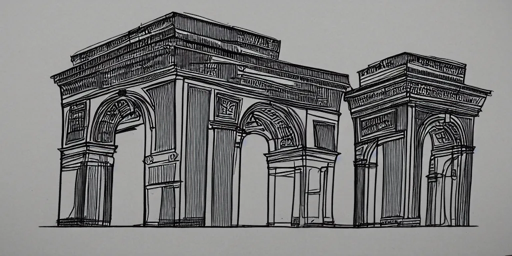 Image similar to architectural schematics Paris Arc de triomphe, drawn by Ed Wood Jr, in the style of Bauhaus