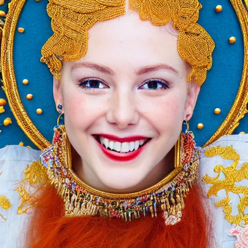 Image similar to Close up of a Highly detailed embroidery painting of a beautiful young woman with red hair, smiling, white clothes with gold details, Golden thread, golden details, intricate details, intricate patterns 4k, 8k, HDR