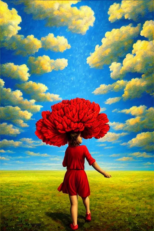 Prompt: giant carnation flower head, woman walking, surreal, clouds in sky, impressionist painting, digital painting, artstation, rob gonsalves