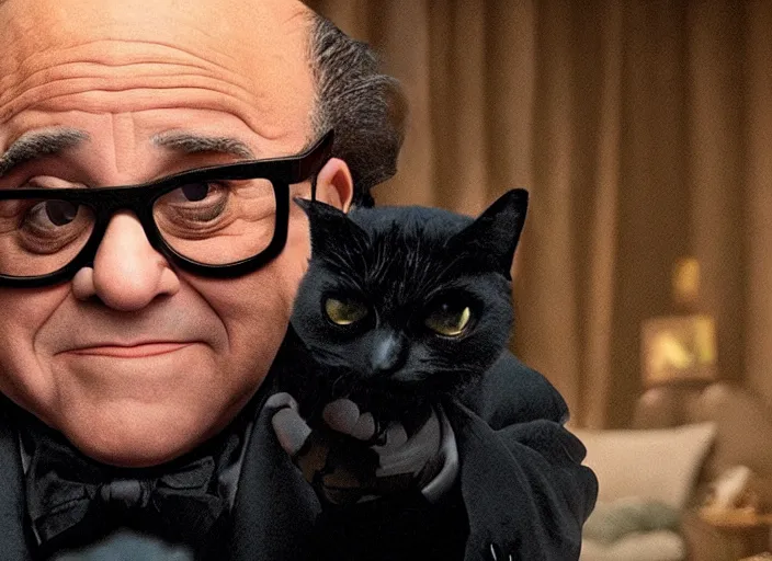 Prompt: film still of Danny Devito as Mr Mistoffelees!!! in Cats, 4k