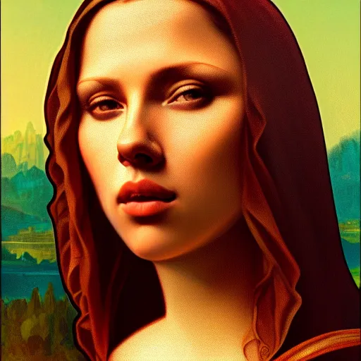 Image similar to scarlett johansson as mona lisa, highly detailed, digital painting, artstation, concept art, matte, sharp focus, illustration, art by artgerm and greg rutkowski and alphonse mucha