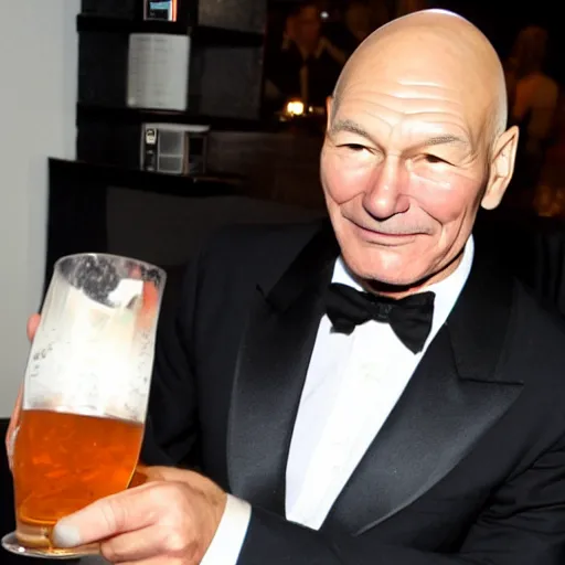 Image similar to patrick stewart drinking alcohol dressed in gown