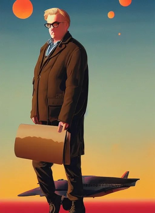 Prompt: poster artwork by Michael Whelan and Tomer Hanuka, Karol Bak of Philip Seymour Hoffman is an airline pilot, from scene from Twin Peaks, clean