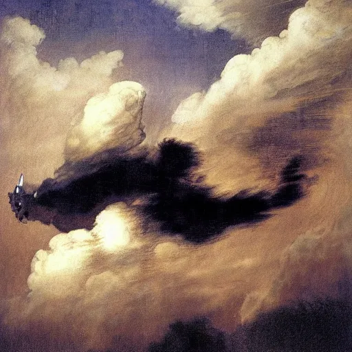 Prompt: clouds and dark smoke at night in a storm strange air animals flying, odd lighting matte oil painting by di fate and alan lee and goya